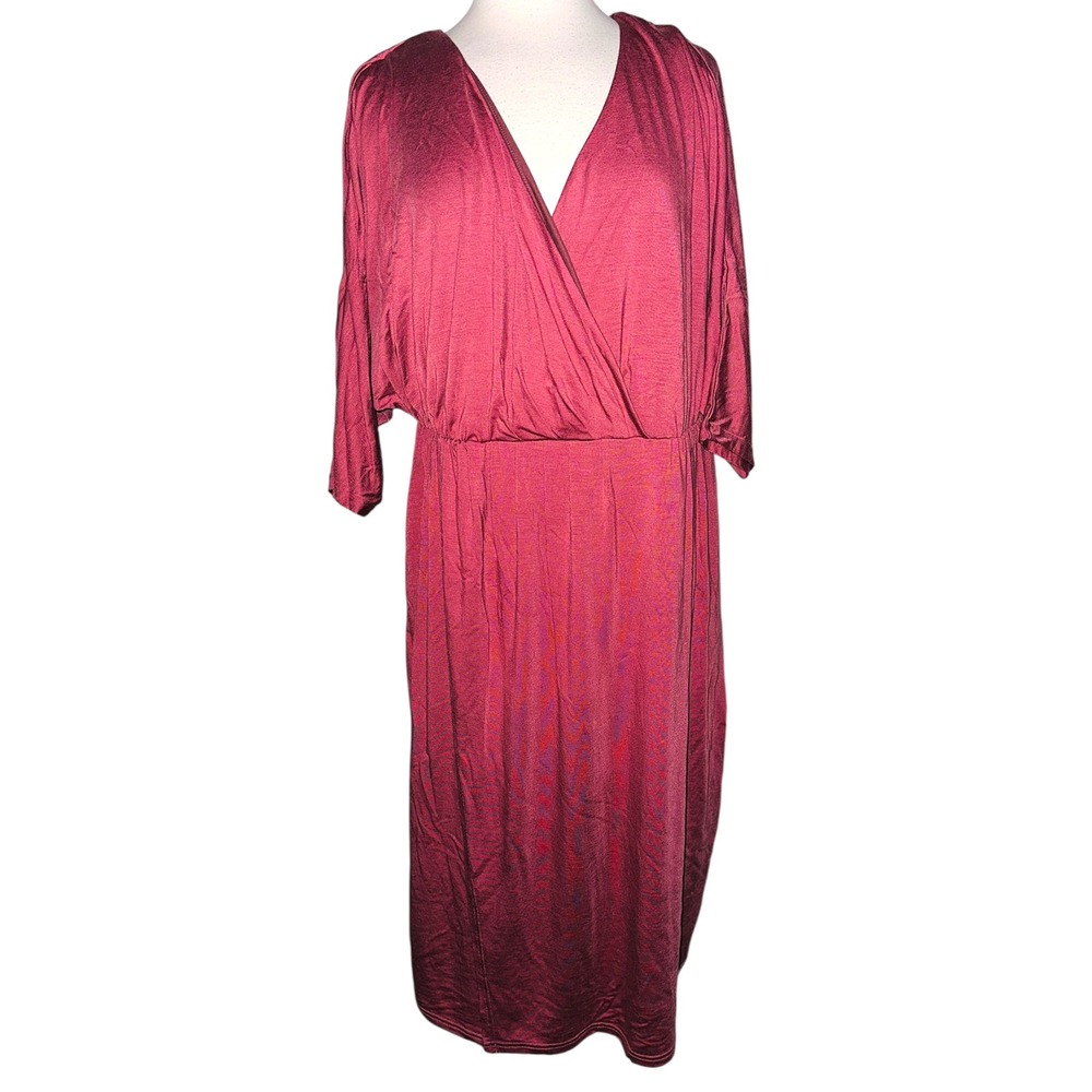 WB4 Ryllace Women's‎ Midi Dress V Neck 3/4 Sleeve Burgundy Casual Elegant NWT 2X